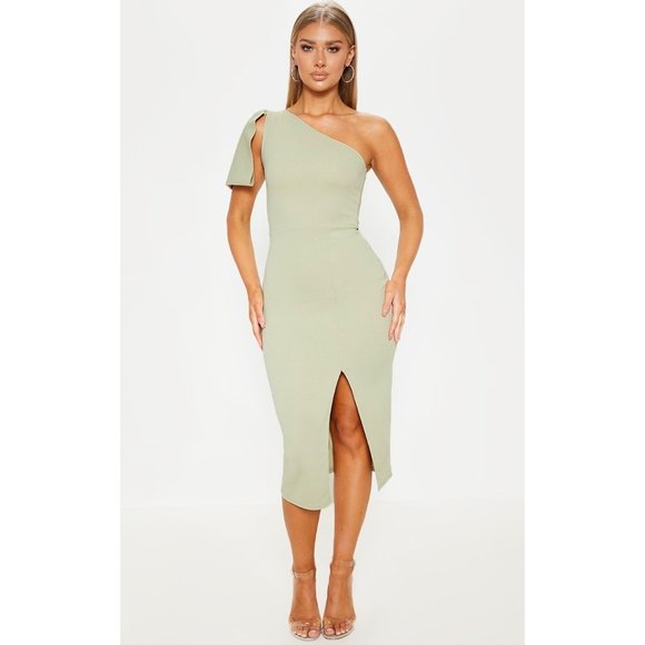 Pretty Little Thing Sage Green One Shoulder Bow Detail Midi Dress 8 NEW - Picture 15 of 15